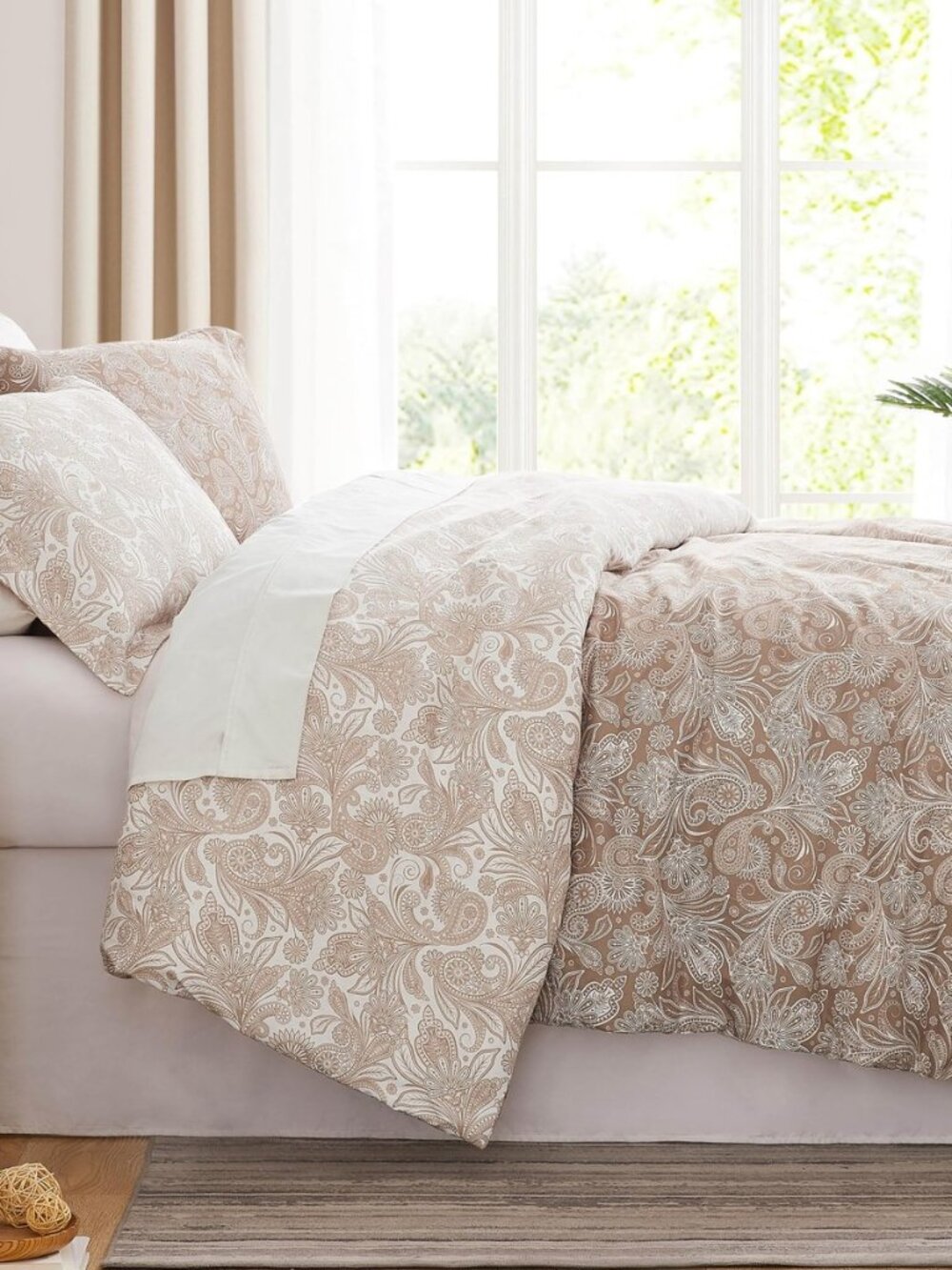 Oversized King Comforter Bedding Set w/ Shams, Perfect Paisley Taupe/White